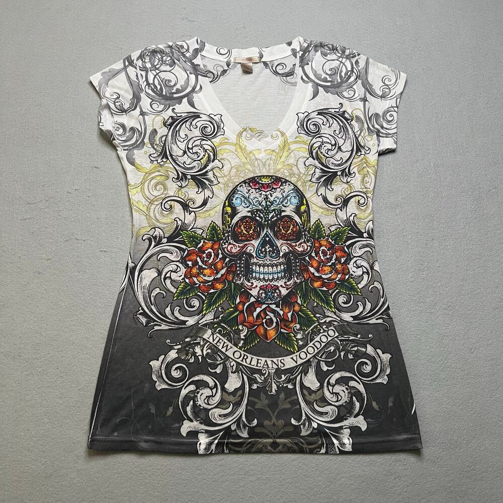 Y2K PsioRosio USA New Orleans‎ Voodoo Skull Graphic T-Shirt Women’s XL Gothic